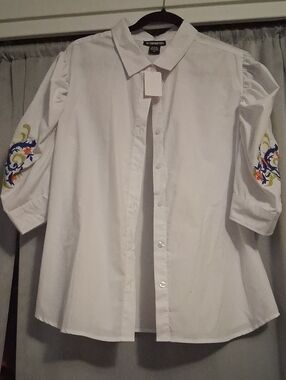 White Button-Down Shirt with Colorful Embroidered Sleeves -